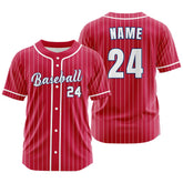 Custom Red White Pinestripe Button Down Baseball Jersey